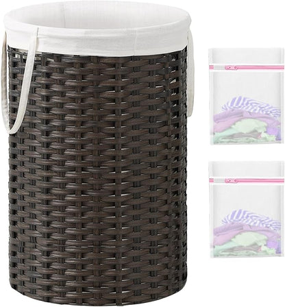 34.3 Gal (130 L) Large Laundry Hamper Laundry Basket Round Handwoven Wicker Laundry Baskets Rattan Laundry Basket with Removable Bag Handles 2 Mesh Bags for Living Room Bedroom Brown (No Lid)