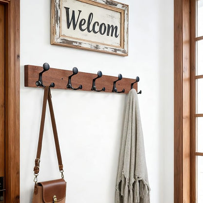 SKOLOO 30-Inch Wood Coat Rack Wall Mount with 5 Triple Hooks - Ideal for Family Entrances, Classrooms, and Pet Supplies Storage - Perfect Coat Hooks for Wall,Mahogany (Sapele), Pack of 2