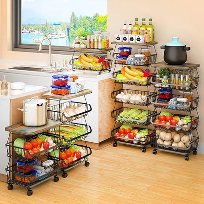 MURRI&MURRDI Fruit Vegetable Storage Basket with Wooden Lid, 6 Tier Stackable Wire Kitchen Cart with Wheels, Tall Produce Snack Racks Display, Narrow Rolling Cart for Pantry Onion Potato, Black