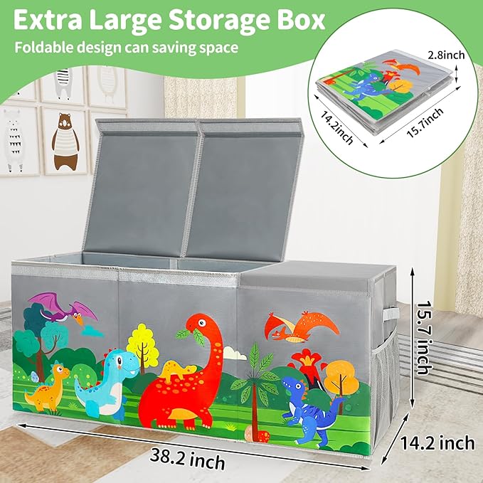 Extra Large Toy Box Chest with Lids, Collapsible Toy Storage Organizer for Kids, Dinosaur Toy Bin Box for Toddlers Boys Girls, Toy Organizer for Living Room Nursery Playroom Bedroom Home Grey