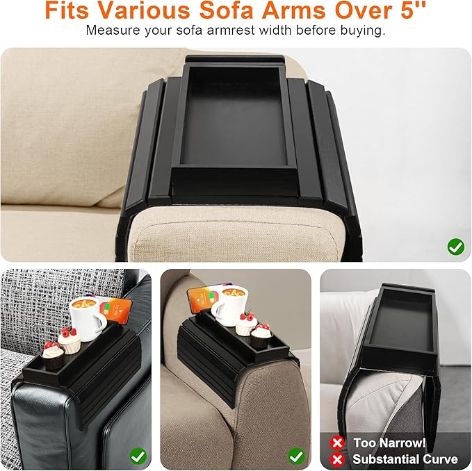 Joy&Grace Couch Arm Tray, 3-in-1 Magnetic Detachable Sofa Arm Table with Phone and Tablet Holder Bamboo Couch Cup Holder, Foldable Sofa Armrest Tray for Eating, Drinks, Phones (Black)