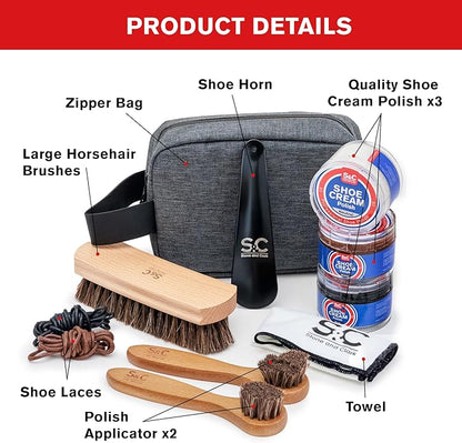 Stone and Clark 11 PC Shoe Shine Kit - Premium Shoe Polish Kit for Shoes - Black, Brown & Neutral Shoe Creams with Brushes, Laces, Buffing Cloth, Shoe Horn & More - Travel Essentials Shoe Care Kit
