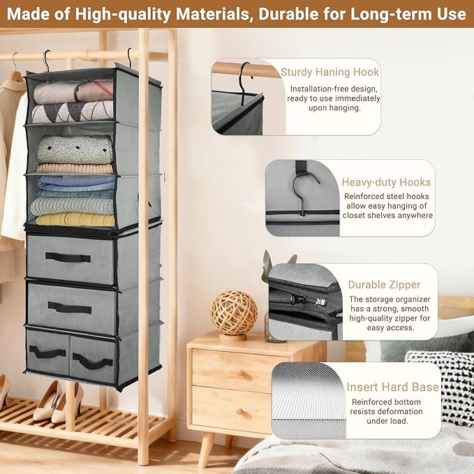 2-in-1 Durable 6-Tier Hanging Shelves with 4 Removable Drawer,2 Separable 3-Tier Thickened Fabric Hanging Closet Clothes Storage Organizer Space-saving for Dorm,RV,Guestroom,Bedroom,Bathroom
