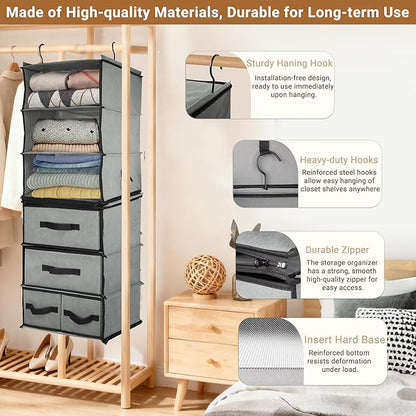 2-in-1 Durable 6-Tier Hanging Shelves with 4 Removable Drawer,2 Separable 3-Tier Thickened Fabric Hanging Closet Clothes Storage Organizer Space-saving for Dorm,RV,Guestroom,Bedroom,Bathroom