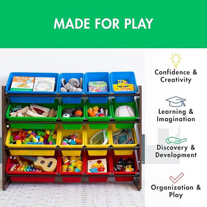 Humble Crew Supersized Toy Storage Organizer with 16 Removable Bins, Walnut/Primary – Large Toy Storage for Toddlers Ideal for Kids' Rooms, Playrooms, and Nurseries - Modern Toy Bins for Kids
