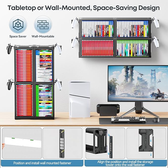 Kytok Video Game Disc Rack Tower Video Game Storage Universal for PS5/PS4/ XBOX One/Series/Nintendo Switch Game, Game Organizer Shelf Display Stand for Wall Mount/Desk/Floor with Controller Holder