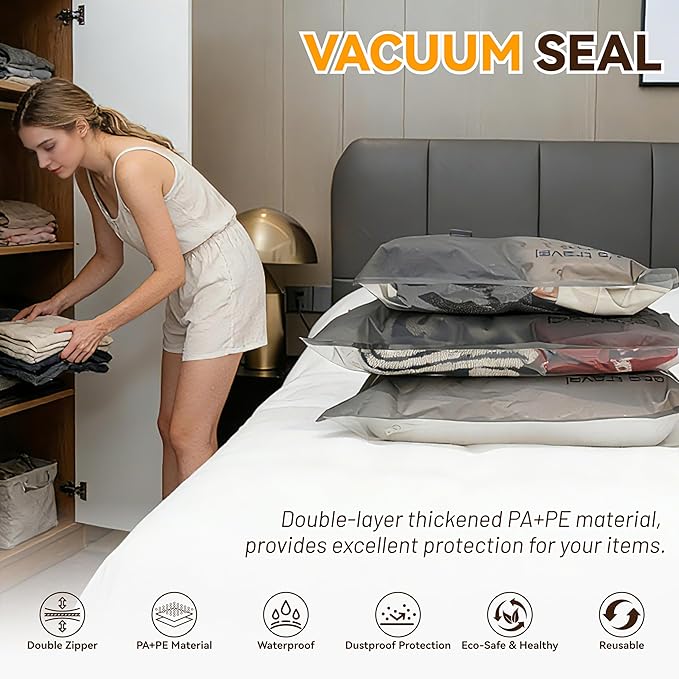 VACKFOX Vacuum Storage Bags with Rechargeable Cordless Pump,12 Pack Vacuum Storage Space Saver Bags, Compression Packing Seasonal Storage for Clothes Bedding Blanket Pillows Comforters