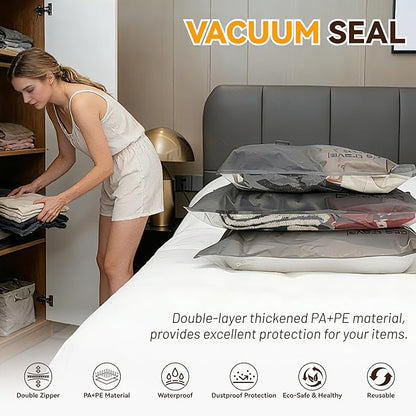 VACKFOX Vacuum Storage Bags with Rechargeable Cordless Pump,12 Pack Vacuum Storage Space Saver Bags, Compression Packing Seasonal Storage for Clothes Bedding Blanket Pillows Comforters