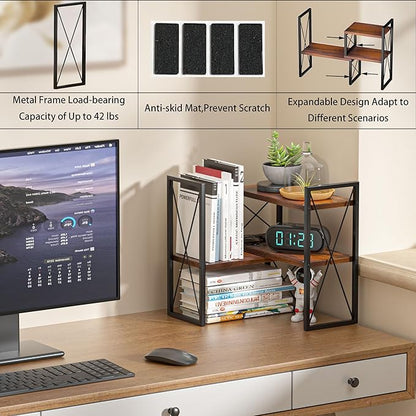 Desktop Shelf Organizer,Small Bookshelf for Office,Wood Desk Top Shelves, Office Organization and Storage (Brown)