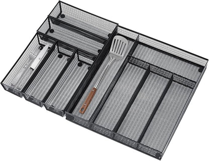 Neudeco Drawer Organizer Set 6 Pack - 5-Compartment Silverware Organizer Tray + 5 Utensil Trays, Kitchen Drawer Organizer for Flatware, Cutlery, Office Supplies, Black Mesh, Non-Slip.