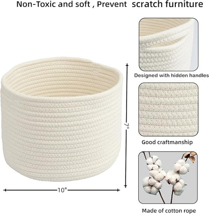 Woven Cotton Storage Baskets - 3-Pack Round Bins (10x10x7'') for Shelves, Closets & Bookcases | Durable Rope Organizers for Nursery, Baby, Toys, Easter & More (white)