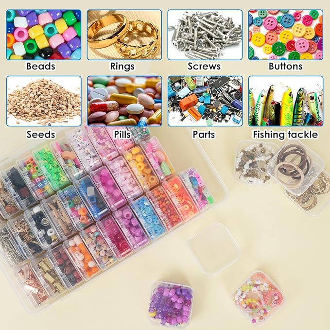 OUTUXED Bead Organizer Box, 36Pcs Small Clear Plastic Bead Storage, Mini Craft Storage Containers Boxes with Hinged Lid and Labels for Bracelets, Making DIY Jewelry Craft Nail, Screws, Seeds