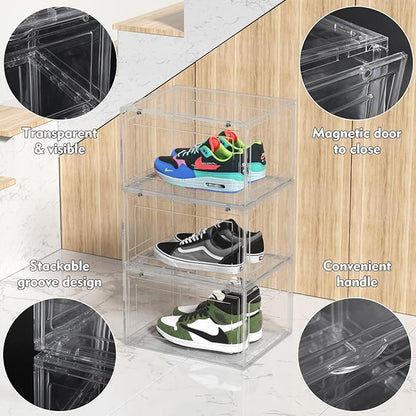 Asking 12-Pack Acrylic Clear Plastic Stackable Shoe Storage Boxes with Magnetic Front Door, Clear Shoe Case Containers Sneaker Storage