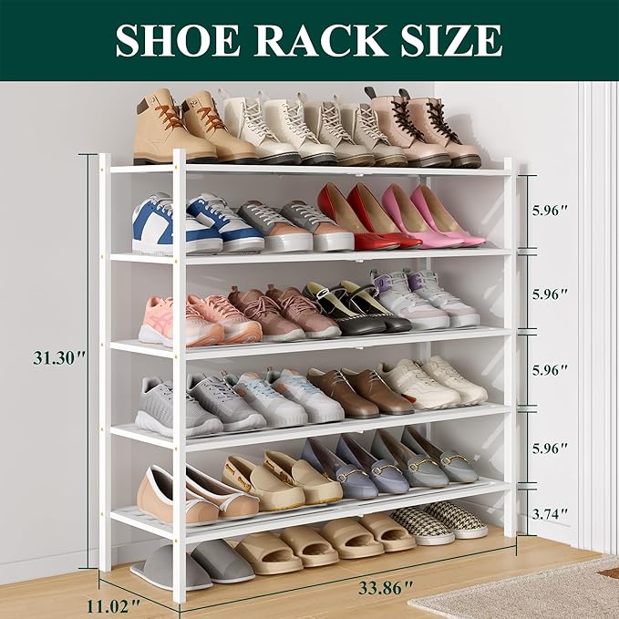 Smiry Long Bamboo Shoe Rack 5-Tier, Stackable Wooden Shoe Organizer for Entryway & Closet, Free Standing Wood Shoe Storage Shelf for Front Door & Small Spaces, White