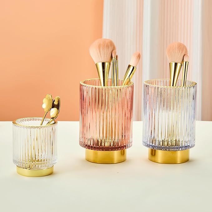 LEICURACE Makeup Brush Holder Organizer,Toothbrush Holders,Desk Pen Pencil Holder,Multifunctional Vintage Glass Brush Cup（S/White/A3-14-US）