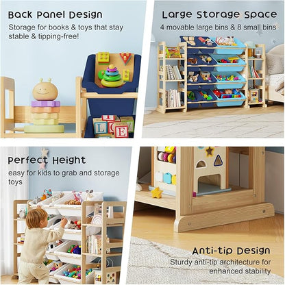 Extra Large Toy Storage - Toy Storage Organizer, Wooden Toy Organizer with 6 Side Shelves and 12 Bins, 3-in-1 Bookshelf for Kids Rooms, Playroom, Nursery, Blue