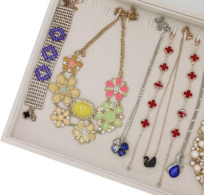 Stratalife Necklace Organizer Stackable Jewelry Organizer 20 Hooks Large Jewelry Tray Necklaces Holder Bracelet Storage for Women Girls Velvet (Beige Necklace Tray)