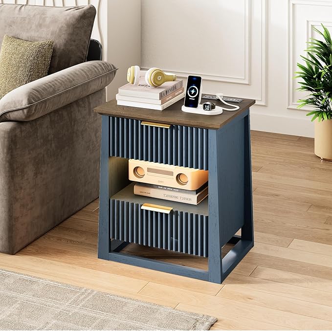 HIFYOBRO Fluted Nightstands with Charging Station & Motion Sensor Light, Modern Bedside Tables with 2 Drawers and Storage Shelf for Bedroom,Blue