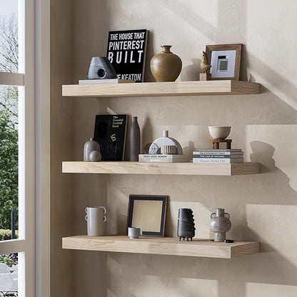 Fun Memories Farmhouse Floating Shelves - 8 Inch Deep Rustic Wood Wall Shelf - Premium Solid Wood Storage Shelf - 24" W x 8" D - Set of 2 - No Stain - Natural Unfinished for DIY