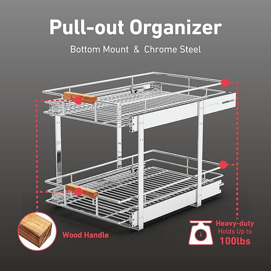 Pull Out Cabinet Organizer(11" W x 21" D), 2 Tier Wire Basket Slide Out Shelf Storage with Wood Handle, Pull Shelf Drawers for 12-1/4” Cabinet Opening, Chrome