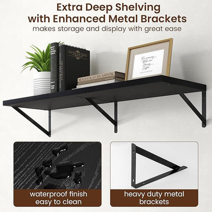 Axeman Deep Floating Shelves - 40 Inch Black Floating Shelves Set of 2-12 Inch Deep Wood Wall Shelves for Living Room Bathroom Kitchen