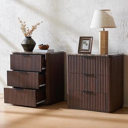 Fluted Nightstand with 3 Drawers, Engineered Wood Bedside Table with Faux Marble-Top, Modern End Table with Curved Corners, Metal Handle, Large Night Stand for Bedroom, Office, Closet, Dark Oak