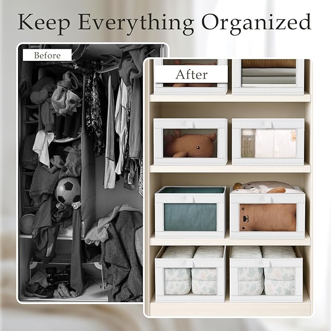 Criusia 6 Pack Linen Closet Organizers and Storage, Large Linen Closet Baskets for Organization, Foldable Storage Containers for Clothing, Towels, Jeans, Books, Shelves, White