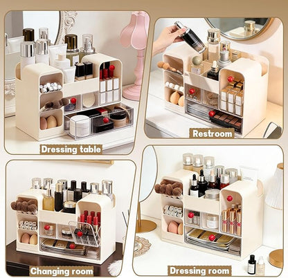 LLNTOU Makeup Organizer for Vanity with Brush Holder, Large Cosmetic & Skincare Organizer Countertop with Muti-Drawers, Cosmetic Display Case for Lipsticks, Nail Polishes, Perfumes, Eyeshadow (cream)