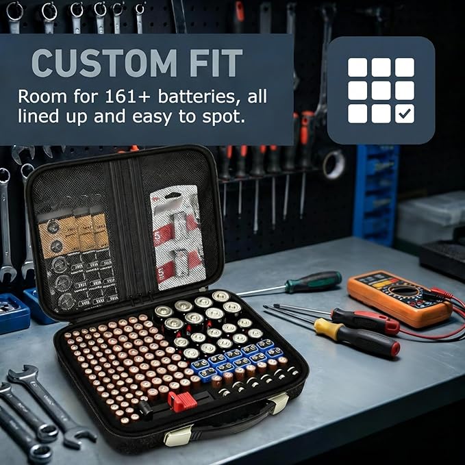 Battery Organizer Storage Case Compatible with 200+ Batteries (AA AAA C D 9V Button), Portable Felt Battery Organizer with Tester & 3 Mesh Pockets, Water-Resistant Box for Drawer & Garage, Case Only