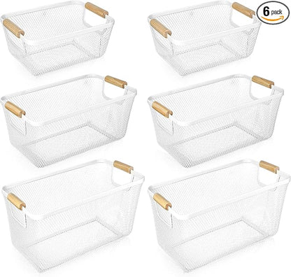 Maxcheck 6 Pack 3 Size Metal Wire Baskets Wooden Handles Steel Mesh Storage Bins Organizer Containers Gift for Home Cabinets Closet Kitchen Food Fruit Freezer Storage Rectangle (White)