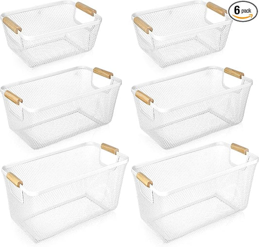 Maxcheck 6 Pack 3 Size Metal Wire Baskets Wooden Handles Steel Mesh Storage Bins Organizer Containers Gift for Home Cabinets Closet Kitchen Food Fruit Freezer Storage Rectangle (White)