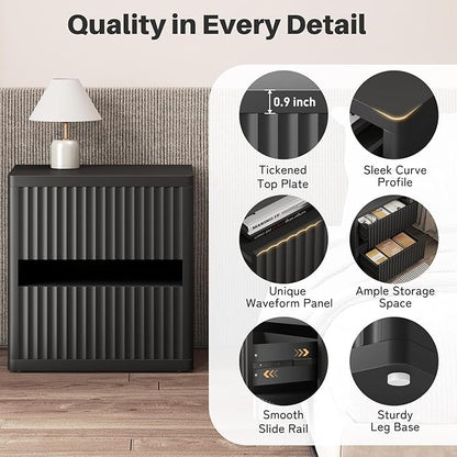 Dripex Fluted Nightstand with 2 Drawers, Large Wide Wood Night Stand Bedside Tables for Bedroom, Mid-Century Modern Storage Bed Side Table, End Tables for Living Room Sofa Couch, Black, Set of 2