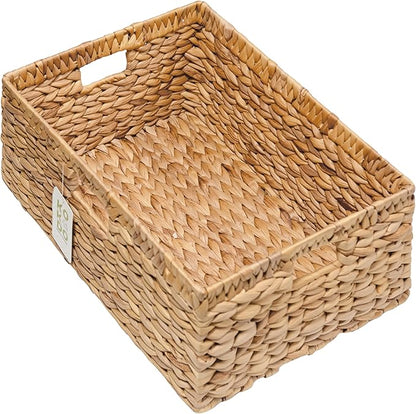 KOKODO 15"Lx11"W Large Rectangular Water Hyacinth Wicker Storage Baskets with Handles and Metal Frame, Stylish and Durable Handwoven Bin for Space-saving Room Organizing or Decorative Wicker Basket