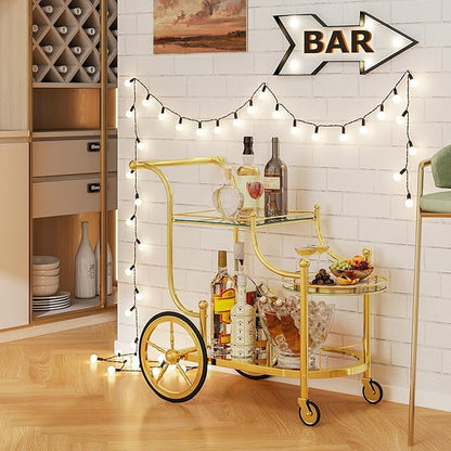 DORTALA Rolling Serving Cart, 3-Tier Metal Bar Cart with Tempered Glass, 4 Wheels Tea Serving Bar Cart for Livingroom, Kitchen, Gold