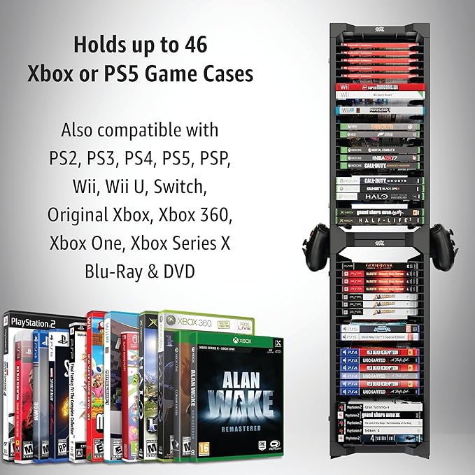 ADZ Universal Game Holder – 46 Game Storage Tower Rack for PS2 PS3 PS4 PS5 PSP Xbox 360 Xbox One Series X Wii Switch Games DVD and Blu-Ray Disks. Includes 2 Controller Mounts (Black)
