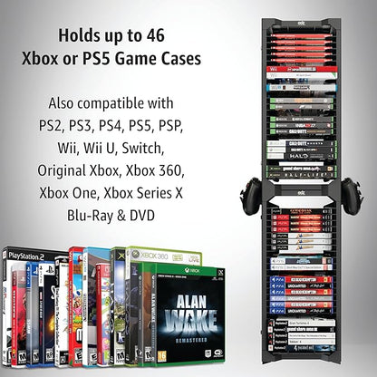 ADZ Universal Game Holder – 46 Game Storage Tower Rack for PS2 PS3 PS4 PS5 PSP Xbox 360 Xbox One Series X Wii Switch Games DVD and Blu-Ray Disks. Includes 2 Controller Mounts (Black)