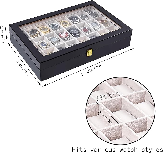 Baojulong 24-Slot Black Wooden Watch Box, Watch Organizer with Clear Lid, Ideal for Watches