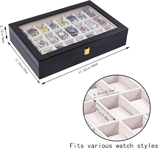 Baojulong 24-Slot Black Wooden Watch Box, Watch Organizer with Clear Lid, Ideal for Watches