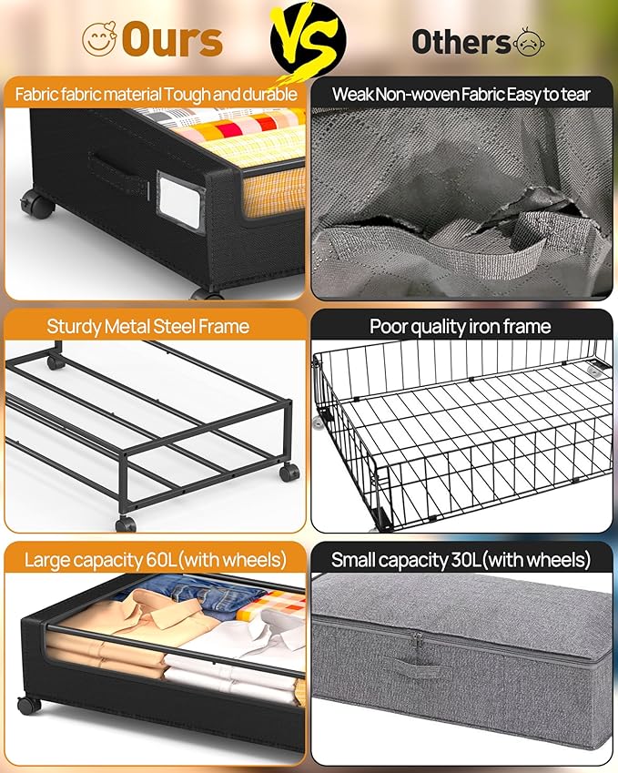 YEEBONIX Underbed Storage with Wheels, Square Under Bed Storage Containers, 60L Under The Bed Storage, Rolling Under The Bed Storage Metal Drawer for Clothes, Blankets, Shoes...