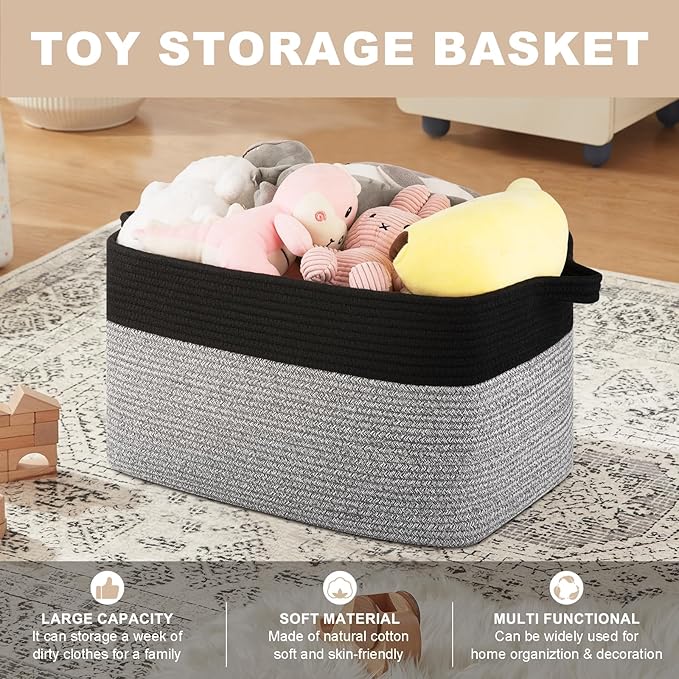 Blanket Basket for Living Room, Woven Cotton Rope Basket for Storage Clothes, Towels, Pillows, Toy Storage Bin for kids with Handles, 20" x 16" x 12", Black and Grey