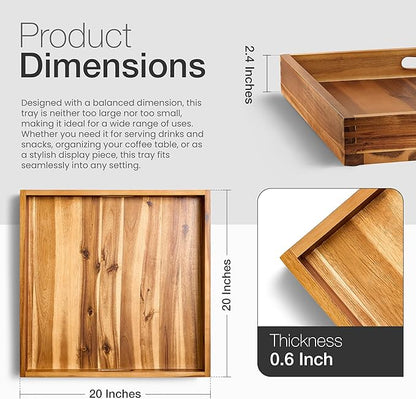 20 x 20 inch Square Wooden Ottoman Tray – Large Wooden Tray for Ottoman, Extra Large Ottoman Tray for Living Room, Coffee Table & Decorative Use (Acacia Color)