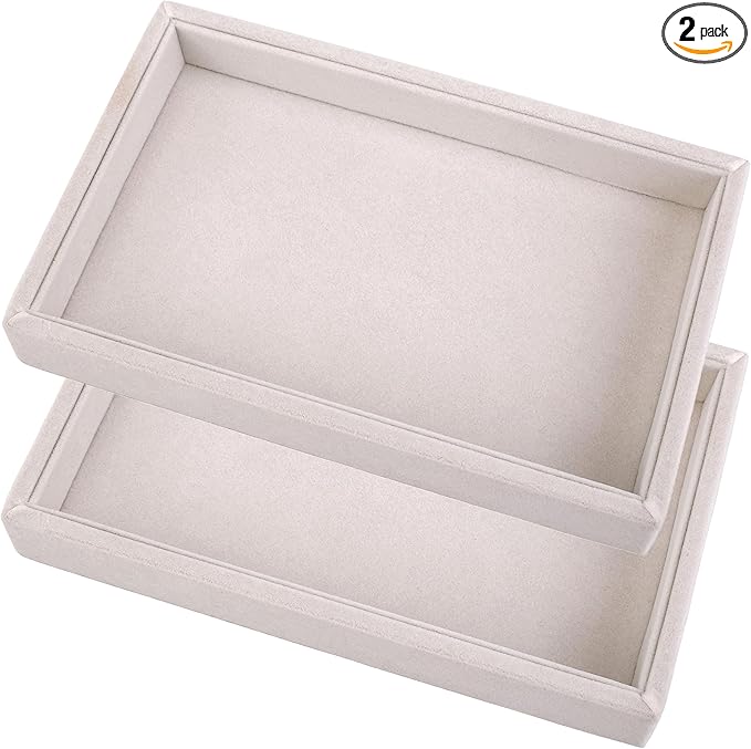 Mornajina 2 Pcs 9" x 5.7" Velvet Jewelry Tray Jewelry Display Tray, Stackable Empty Plate Trays for Earrings Necklaces Bracelet Rings Display Showcase - Beige