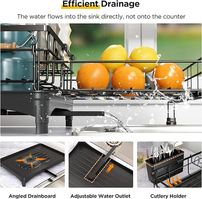 NETEL Dish Rack, Extendable Dish Drying Rack, Dish Drainer for Kitchen Counter, Dish Strainer with Utensil Holder, Over The Sink Dish Drying Rack with Automatic Drainage System