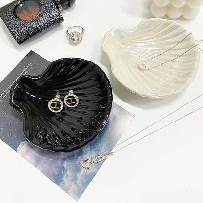 GO2HEJING Shell Shape Ring Holder Dish, Seashell Jewelry Dish Tray, Ceramic Trinket Tray for Rings Earrings Necklaces Bracelet, Birthday Mother's Day Christmas Gift for Mom Friend Sister, 3.9", Black