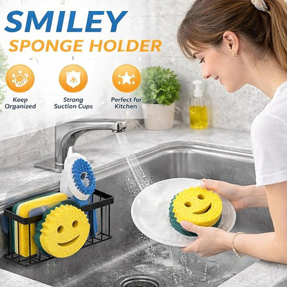 Smiley Sponge Holder for Kitchen Sink – Suction Cup Sink Caddy Organizer – No Drill Kitchen Sink Organizer for Sponge, Soap & Scrubber – Rustproof Metal Sink Sponge Holder – Includes Face Sponge.