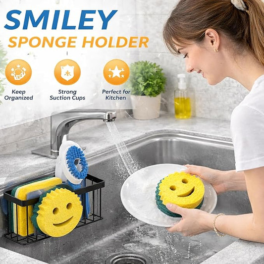 Smiley Sponge Holder for Kitchen Sink – Suction Cup Sink Caddy Organizer – No Drill Kitchen Sink Organizer for Sponge, Soap & Scrubber – Rustproof Metal Sink Sponge Holder – Includes Face Sponge.