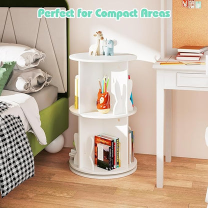 Costzon Kids Rotating Bookshelf, 2 Tier Small Book Shelf with Bookends, 360° Display Spinning Bookshelf Tower, Corner Bookshelf for Small Space, Kids Room, Bedroom, Nursery (White)