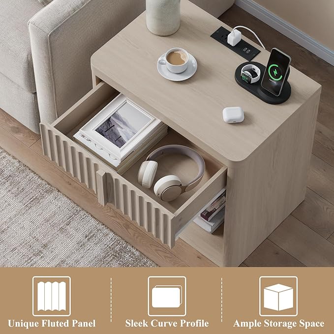 Harpaq Fluted Nightstand with Charging Station, 23.6" End Table with Solid Wood Handle,Night Stand with Curved Profile Design, Mid Century Moden Bedside Table for Bedroom, Living Room, White Alder