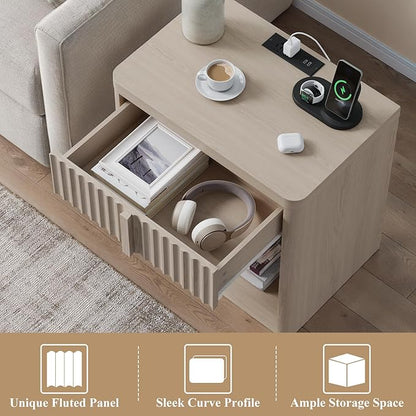 Harpaq Fluted Nightstand Set of 2 with Charging Station, 23.6" Wood End Table with Solid Wood Handle, Curved Profile Design, Mid Century Moden Bedside Table for Bedroom, White Alder