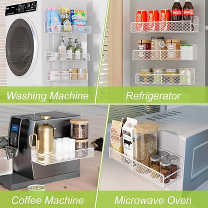 4 Pack Magnetic Shelves for Washing Machine, Heavy-Duty Magnetic Laundry Organizer with Hooks, Washing Machine Shelf for Refrigerator, Metal Storage Baskets, Closet & Laundry Room Organization(White)